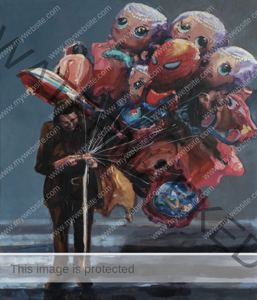 Oil painting of a nicely dressed man holding a bunch of balloons of cartoon characters like Spiderman, hello kitty and minions for sale. By Adrián Arguedas. Costa Rican Salesman