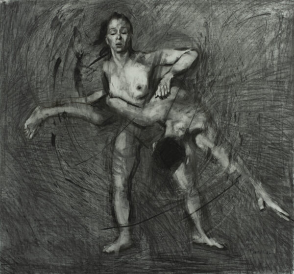 Charcoal drawing from Roberto Murillo's figurative Couplings series, featuring a nude couple. The woman is carrying the man on her back as he spins around her like a circus act. Acrobatic charcoal drawing