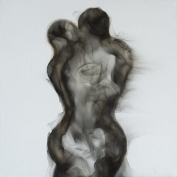 Abrazo III by Miguel Hernández Bastos. Featuring two embracing figures painted with smoke on canvas