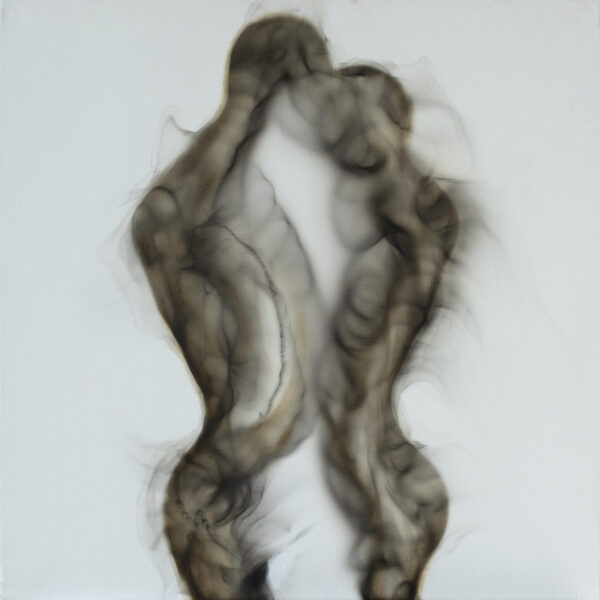 ethereal smoke painting featuring two figures embracing, by Miguel Hernández Bastos.