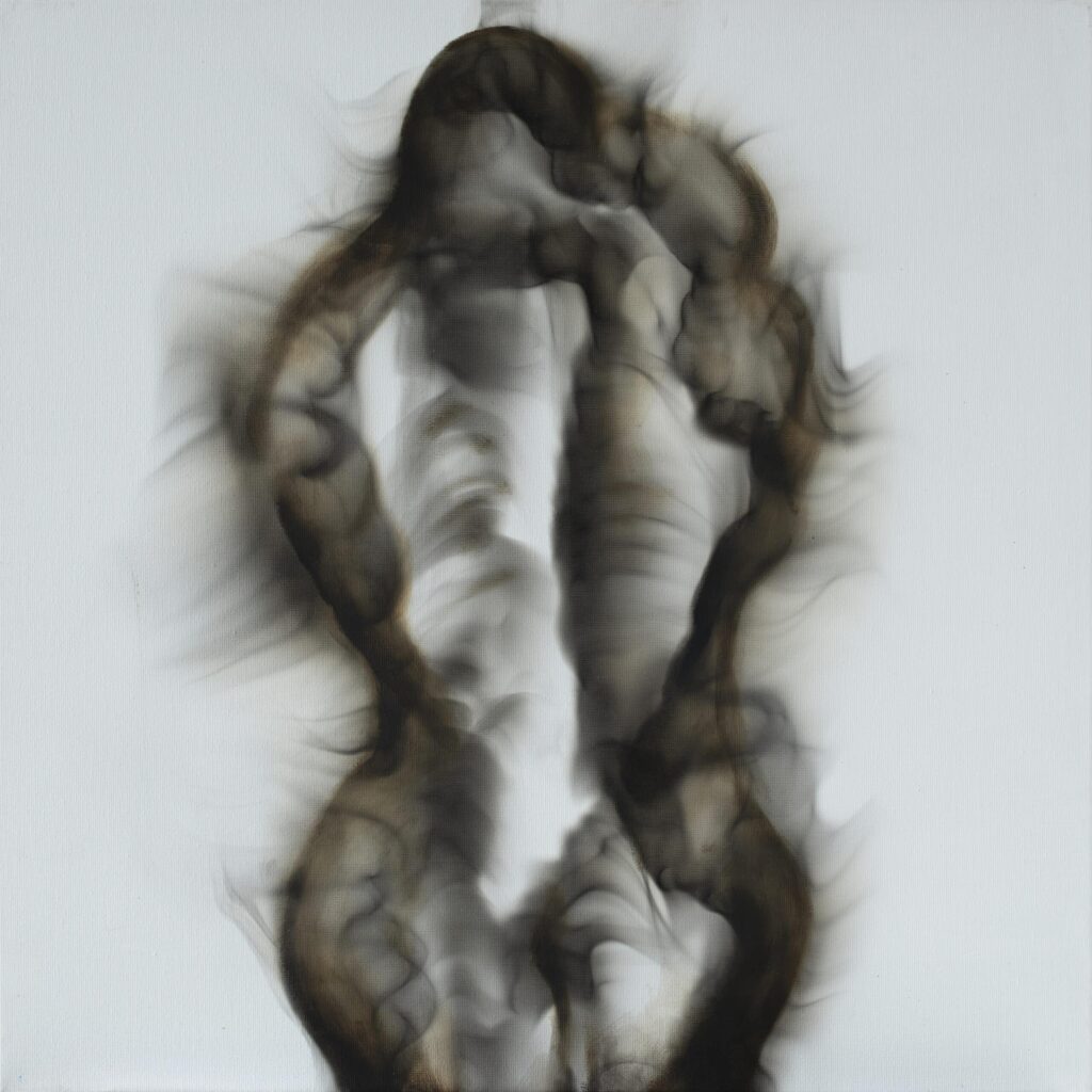 Painting of the Abrazo series showing revolutionary art techniques of Miguel Hernández Bastos, featuring two figures holding each other, painted in smoke on canvas. erotic embrace