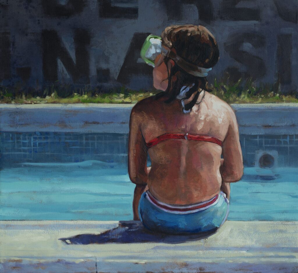 Oil panting of young girl sitting on the edge of a pool with swimming goggles on her head, by Adrián Arguedas. Costa Rica Oil Painting