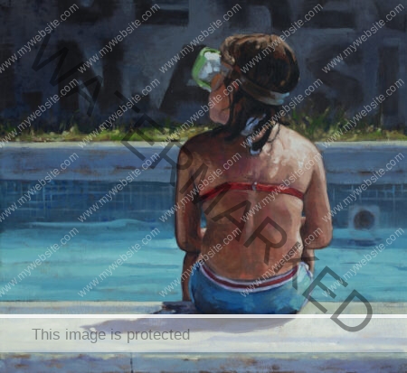 Oil panting of young girl sitting on the edge of a pool with swimming goggles on her head, by Adrián Arguedas. Costa Rica Oil Painting