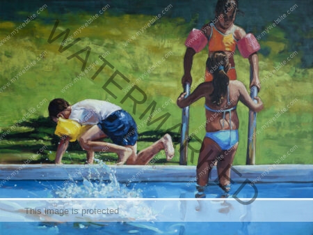 Colourful oil painting of three children playing in a pool. One is jumping out of the water and two others climbing steps by Adrián Arguedas. Costa Rica oil painting