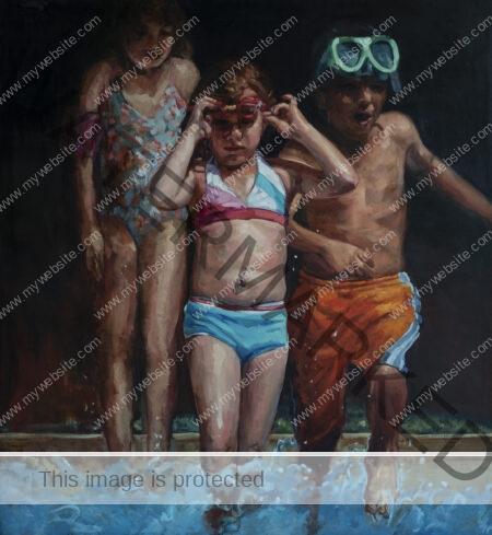 Oil painting of three children running into the water with bathing suits and goggles on, by Adrián Arguedas. Costa Rica oil paintings for sale