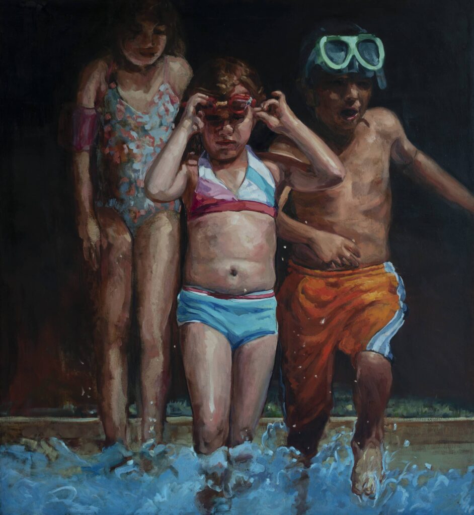 Oil painting of three children running into the water with bathing suits and goggles on, by Adrián Arguedas. Costa Rica oil paintings for sale