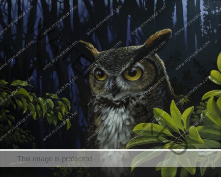 Hyperreal oil painting of an owl in a Costa Rican forest by Gilberto Ramírez. Hyperreal owl painting