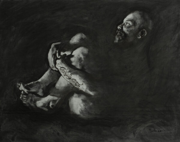 Charcoal drawing from Roberto Murillo's figurative Couplings series, featuring a nude tattooed man curled up in a ball. chiaroscuro charcoal drawing