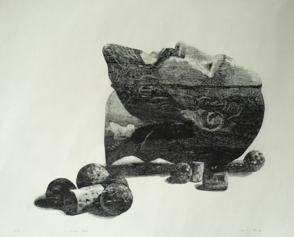 Monochrome Xylography print of severed head lying on its side by Adrián Arguedas.