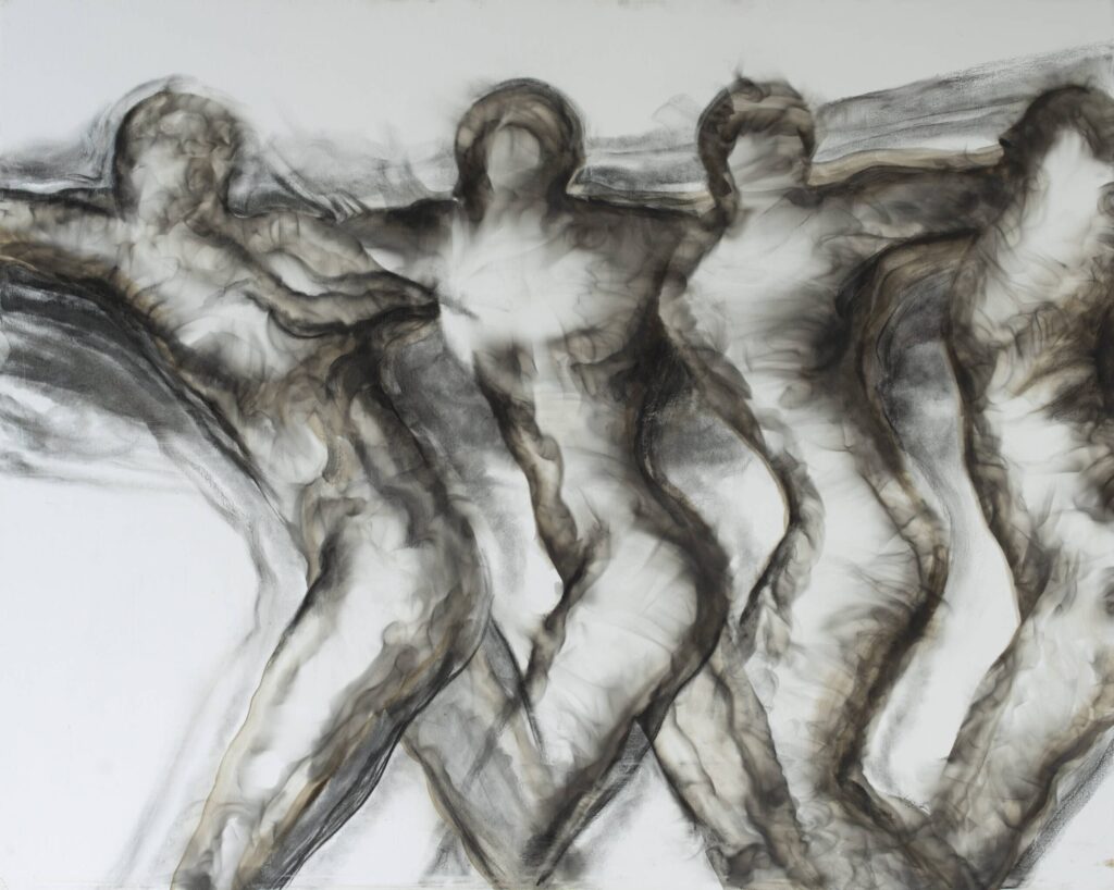 Four figures painted with smoke on canvas dance and fuse across the canvas, evoking the historical symbolism of Renaissance portraiture. By Miguel Hernández Bastos. transformation painting