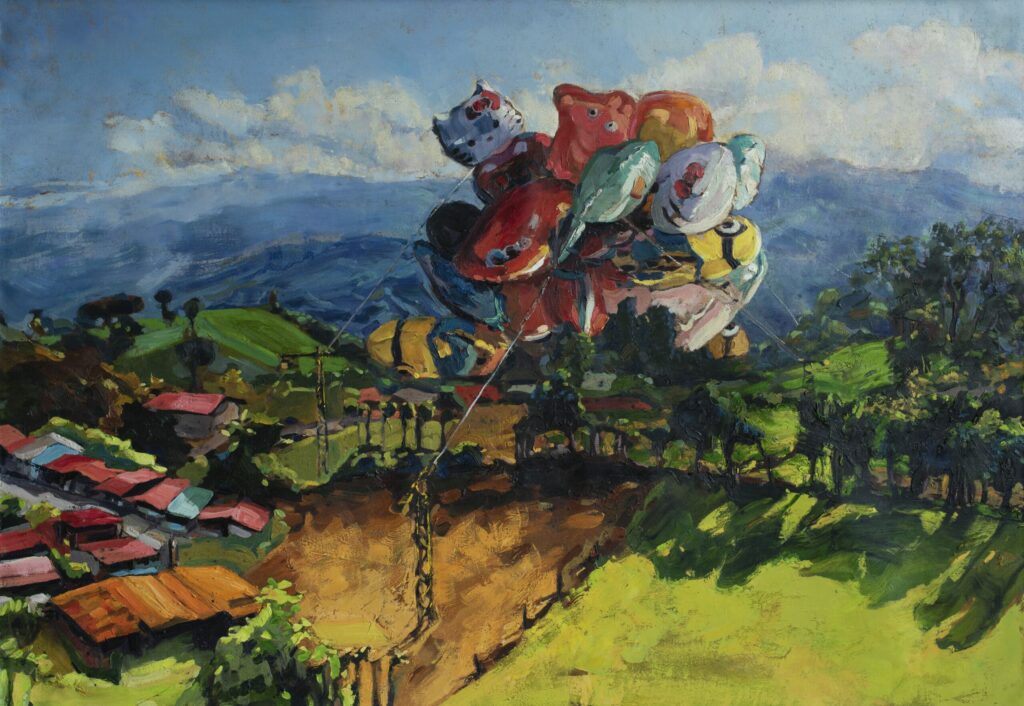 Oil painting of fields, mountains and sky with a large bunch of balloons of cartoon characters like hello kitty and Minions floating overhead by Adrián Arguedas. Cervantes