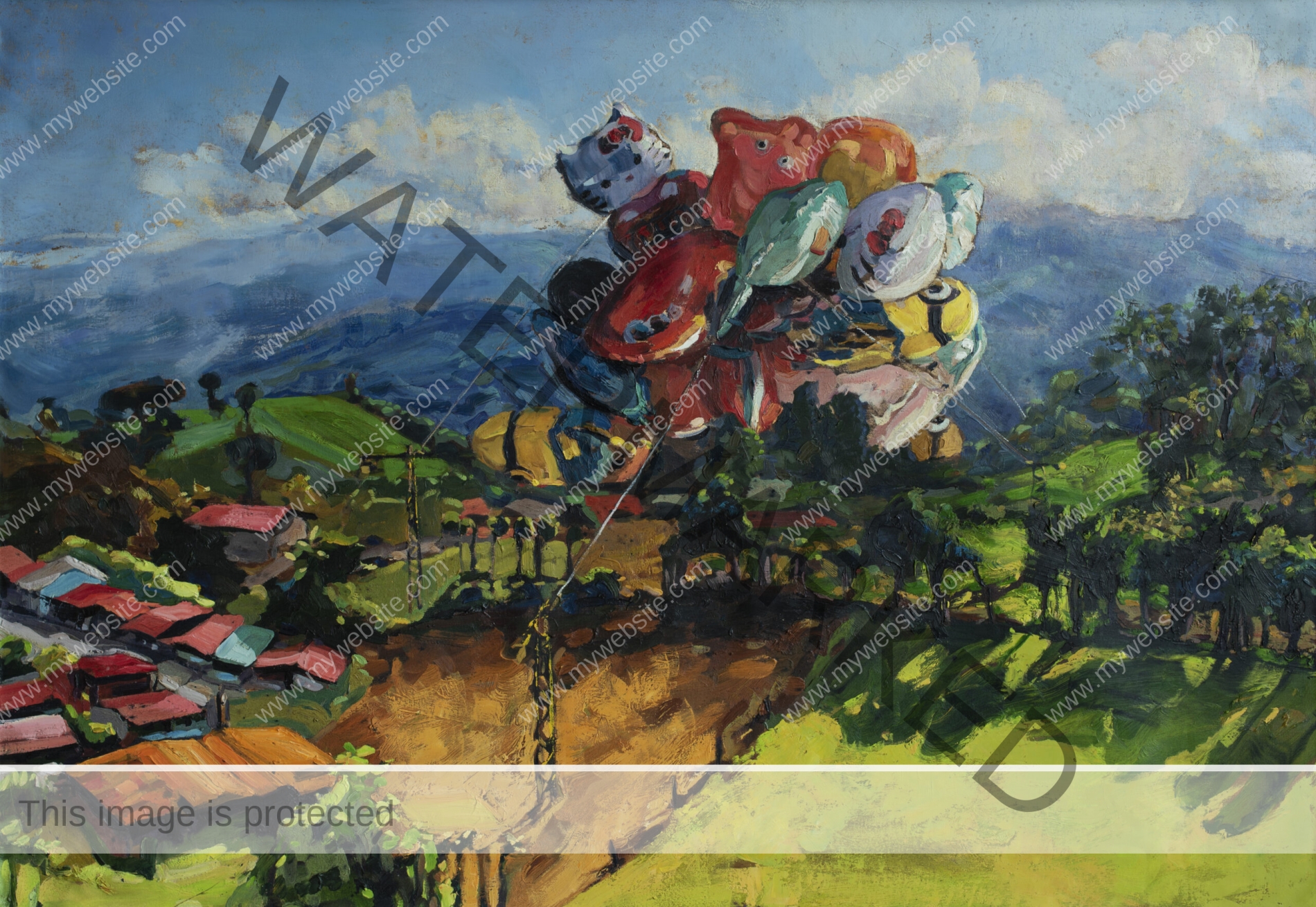 Oil painting of fields, mountains and sky with a large bunch of balloons of cartoon characters like hello kitty and Minions floating overhead by Adrián Arguedas. Cervantes