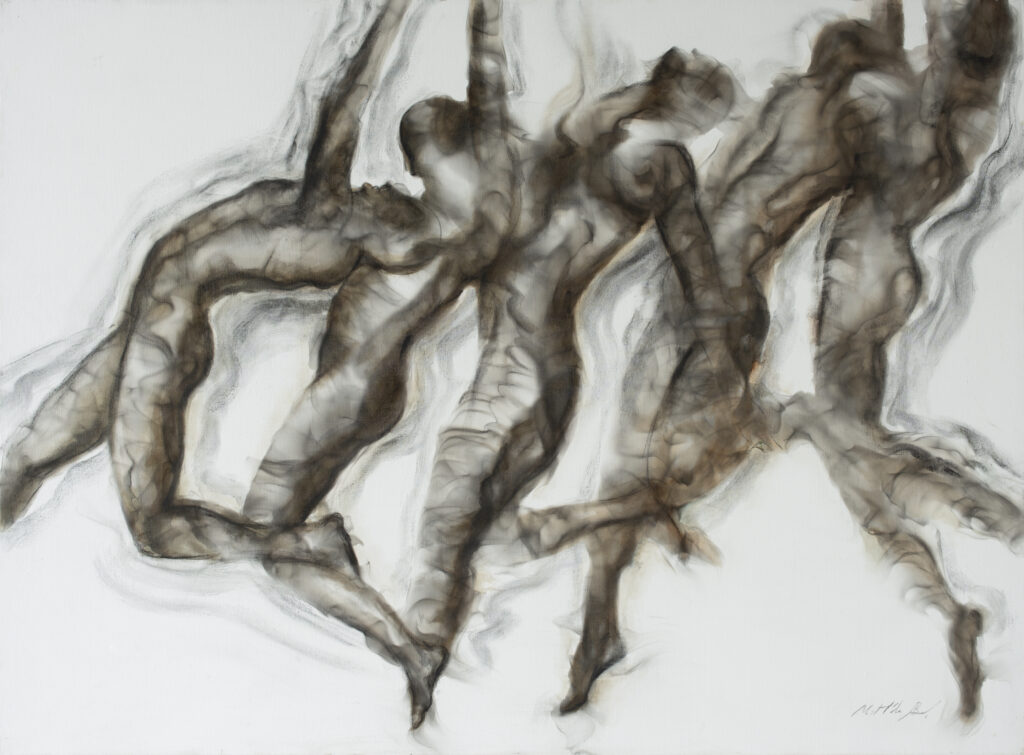 Artwork showing innovative art techniques by Miguel Hernández Bastos, featuring dancing, wistful figures dancing across the canvas, painted with smoke on canvas.