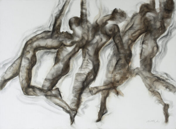 ephemeral dance painting showing innovative art techniques by Miguel Hernández Bastos, featuring dancing, wistful figures dancing across the canvas, painted with smoke on canvas.