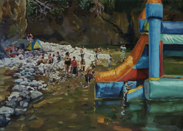 Oil painting of a Costa Rica river scene where families frolic in the water with a surreal inflatable bouncy castle by Adrián Arguedas.