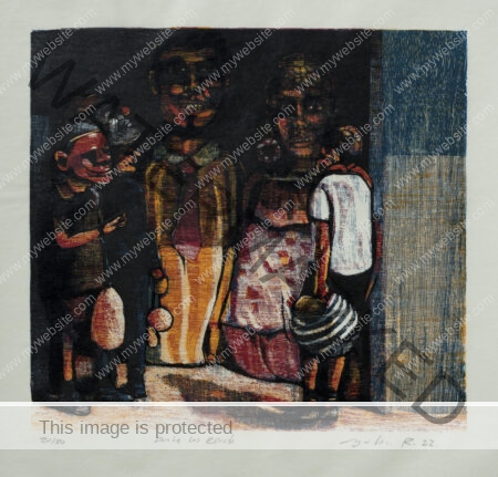 Chromoxylography print of masked people. The spirit of masquerade by Adrián Arguedas.