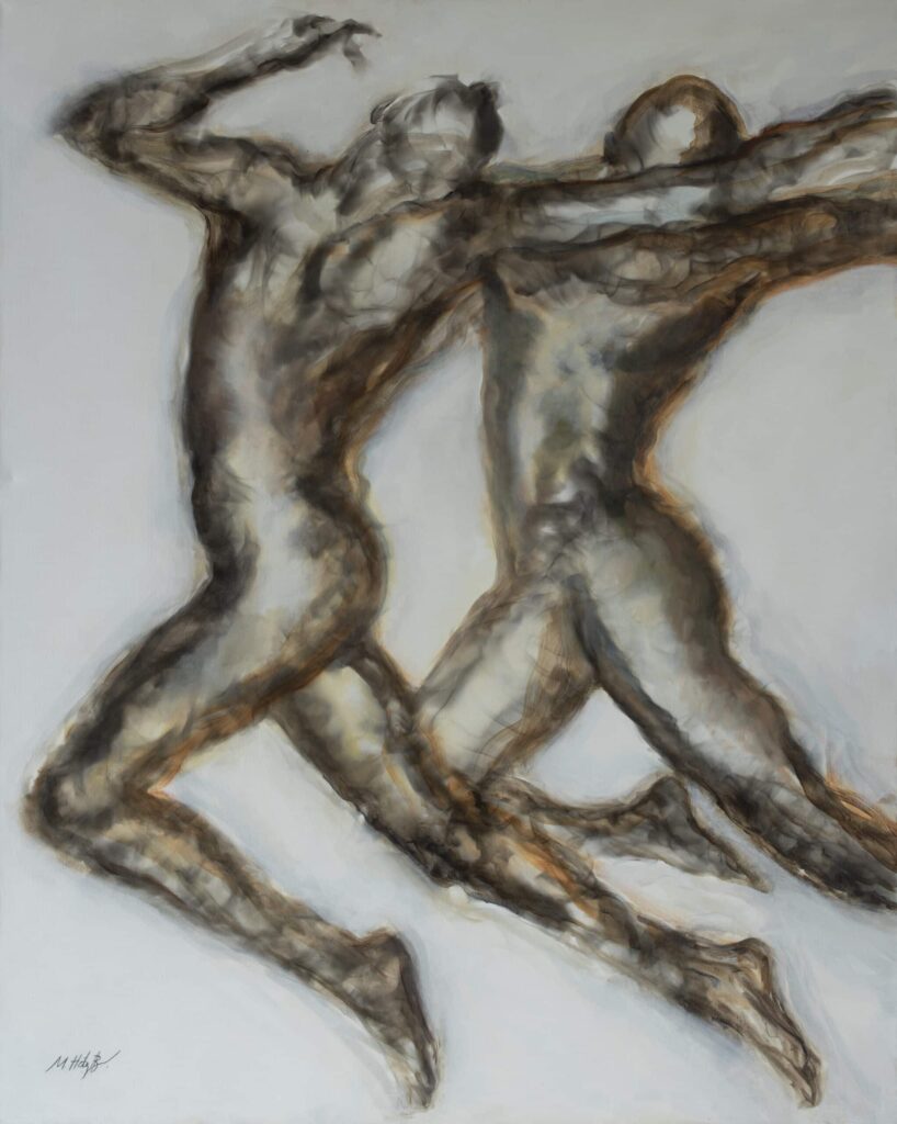 Dos Figuras, a sensual figure painting, by Miguel Hernández Bastos. It features two levitating figures captured with poised elegance.