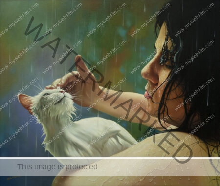Hyperreal oil painting of a woman and a white cat in the rain by Gilberto Ramirez. Hyperreal cat painting