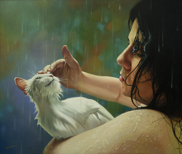 Hyperreal oil painting of a woman and a white cat in the rain by Gilberto Ramirez. Hyperreal cat painting