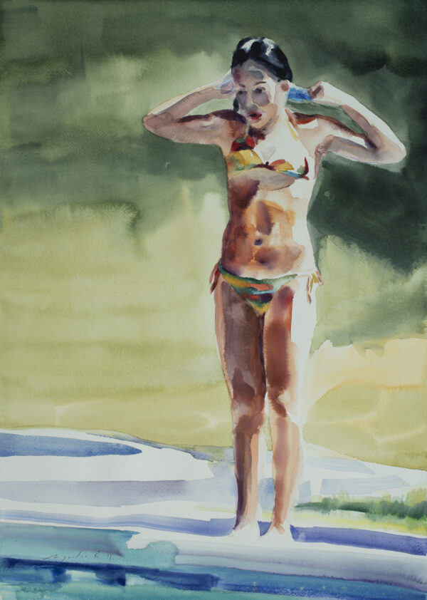 Colourful watercolour of young girl in bathing suit, paddling in water, by Adrián Arguedas. Costa Rica watercolor painting