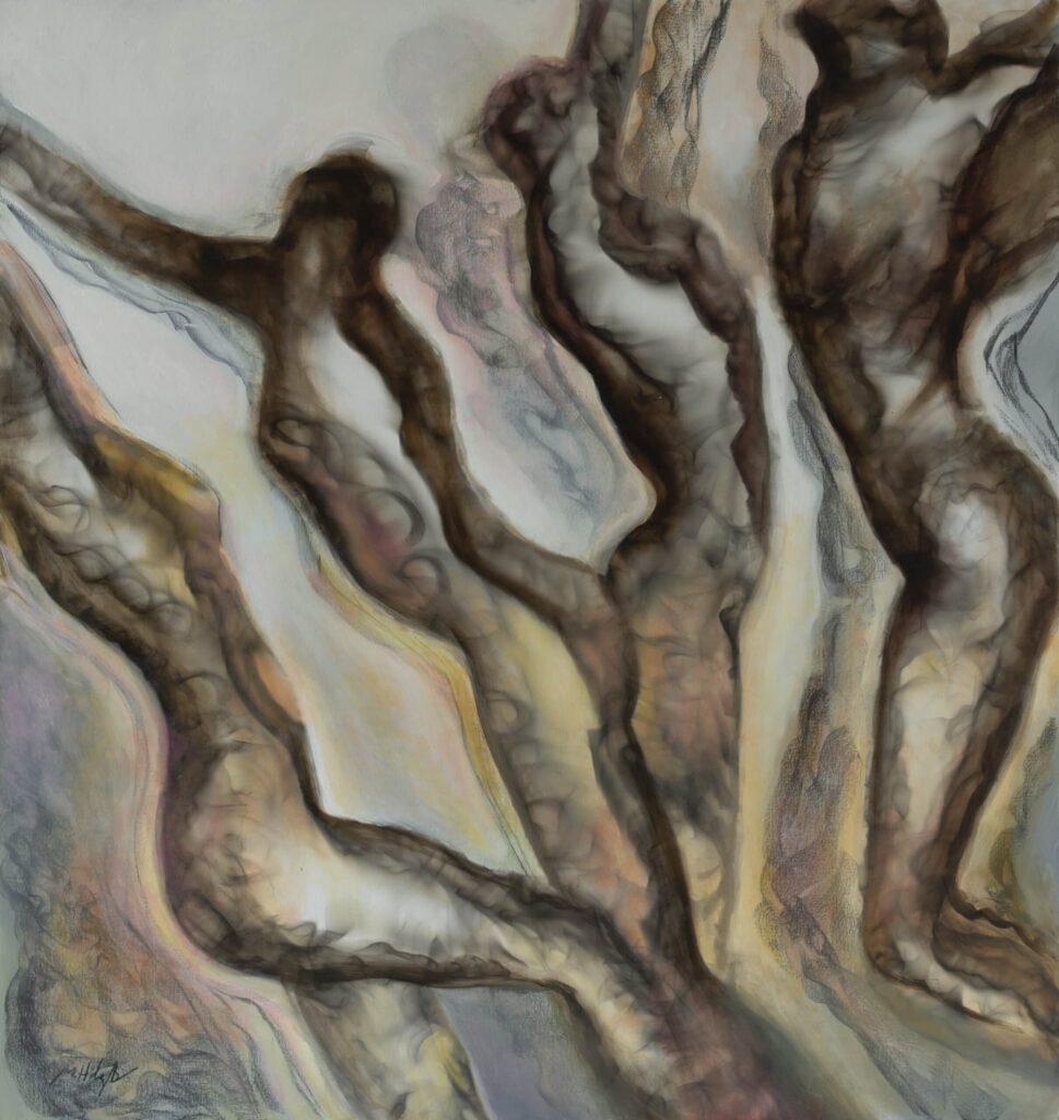 Figuras Volatiles presents interlaced, arboreal forms in earthy hues, with fluid contours conveying vibrancy and organic transformation. , an original work available at MÍRAME Fine Art.
