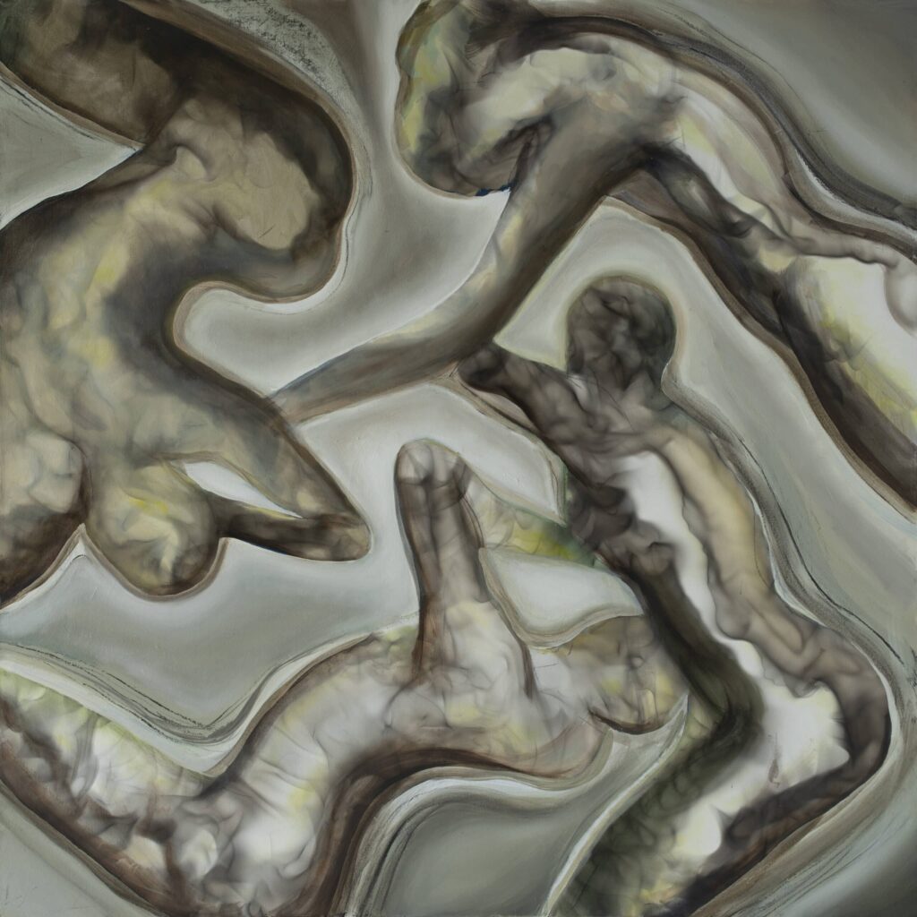 fluid movement painting featuring four swirling figures, by Miguel Hernández Bastos. you can see the marks made by the smoke on canvas, creating a sensual and futuristic essence.