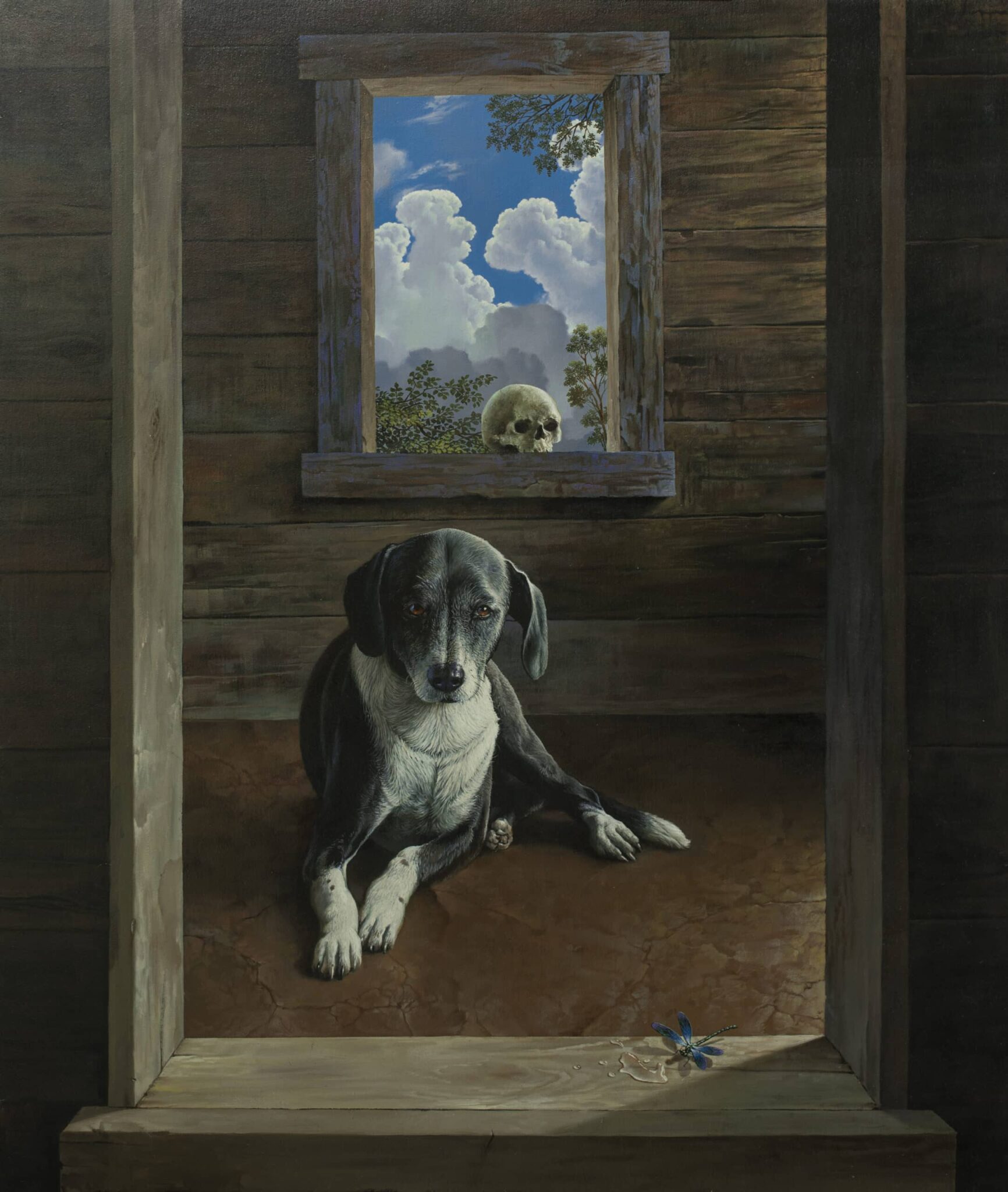 Hyperreal black and white dog painting in a Costa Rican wood cabin. by Gilberto Ramírez. Hyperreal dog painting