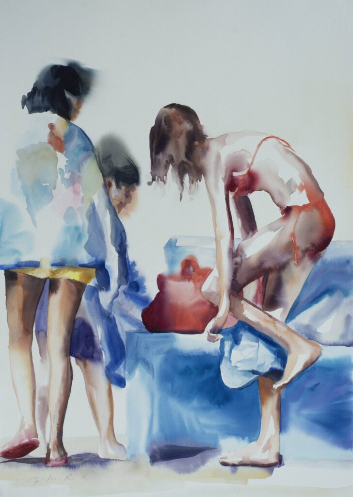 Watercolour of three children, girls swimming, changing from their bathing suits after swimming by Adrián Arguedas
