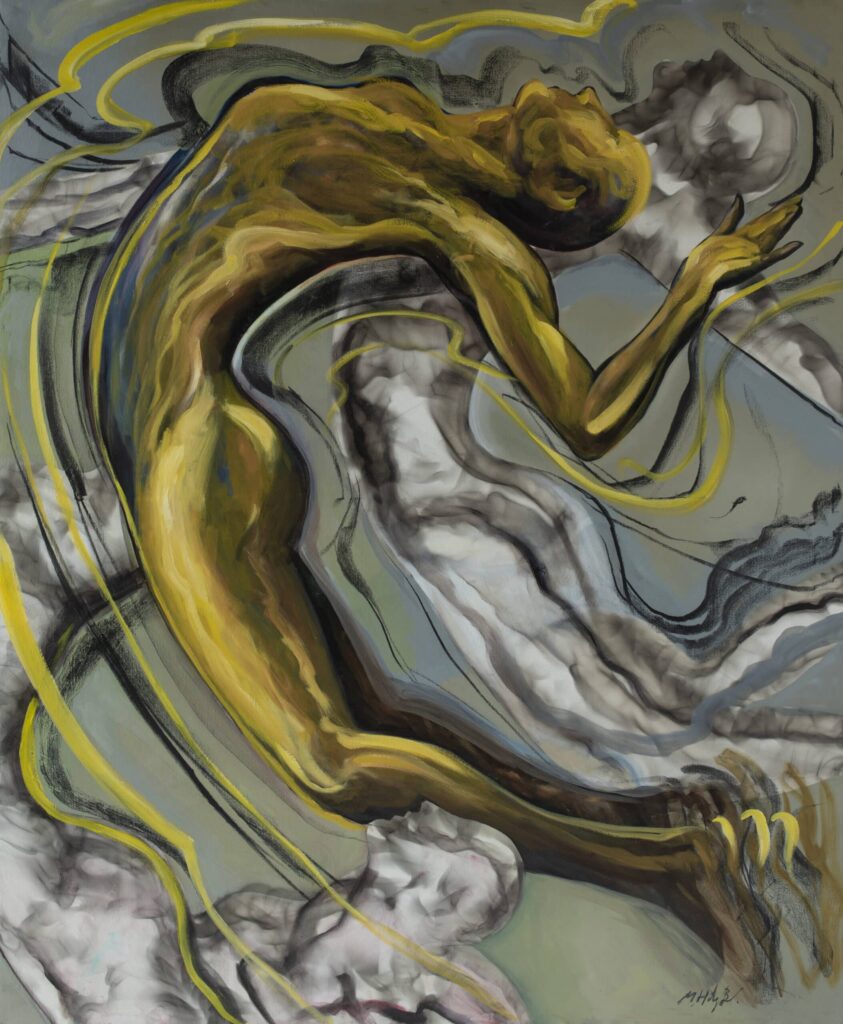 energetic figure painting showing the revolutionary art techniques of Miguel Hernandez Bastos, featuring dancing figures painted in smoke and acrylic on canvas.