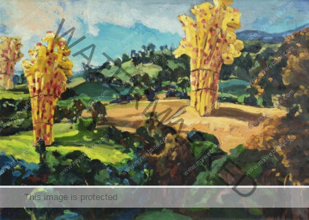 Colourful oil painting of rolling fields, with giant yellow giraffe balloons by Adrián Arguedas.