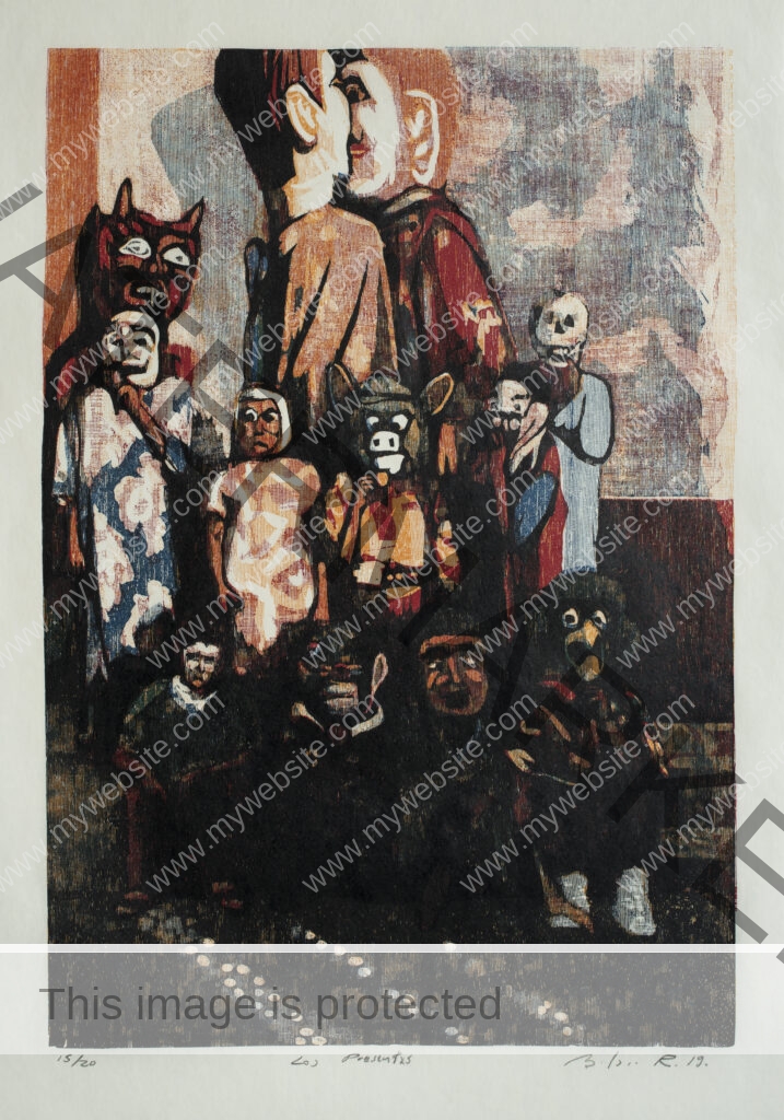 Chromoxylography Print of masked children in a group, some sitting, some standing by contemporary artist Adrián Arguedas.