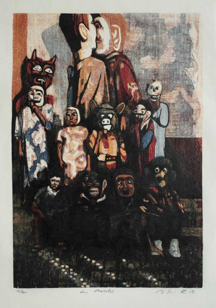 Masquerade Print of masked children in a group, some sitting, some standing by contemporary artist Adrián Arguedas.