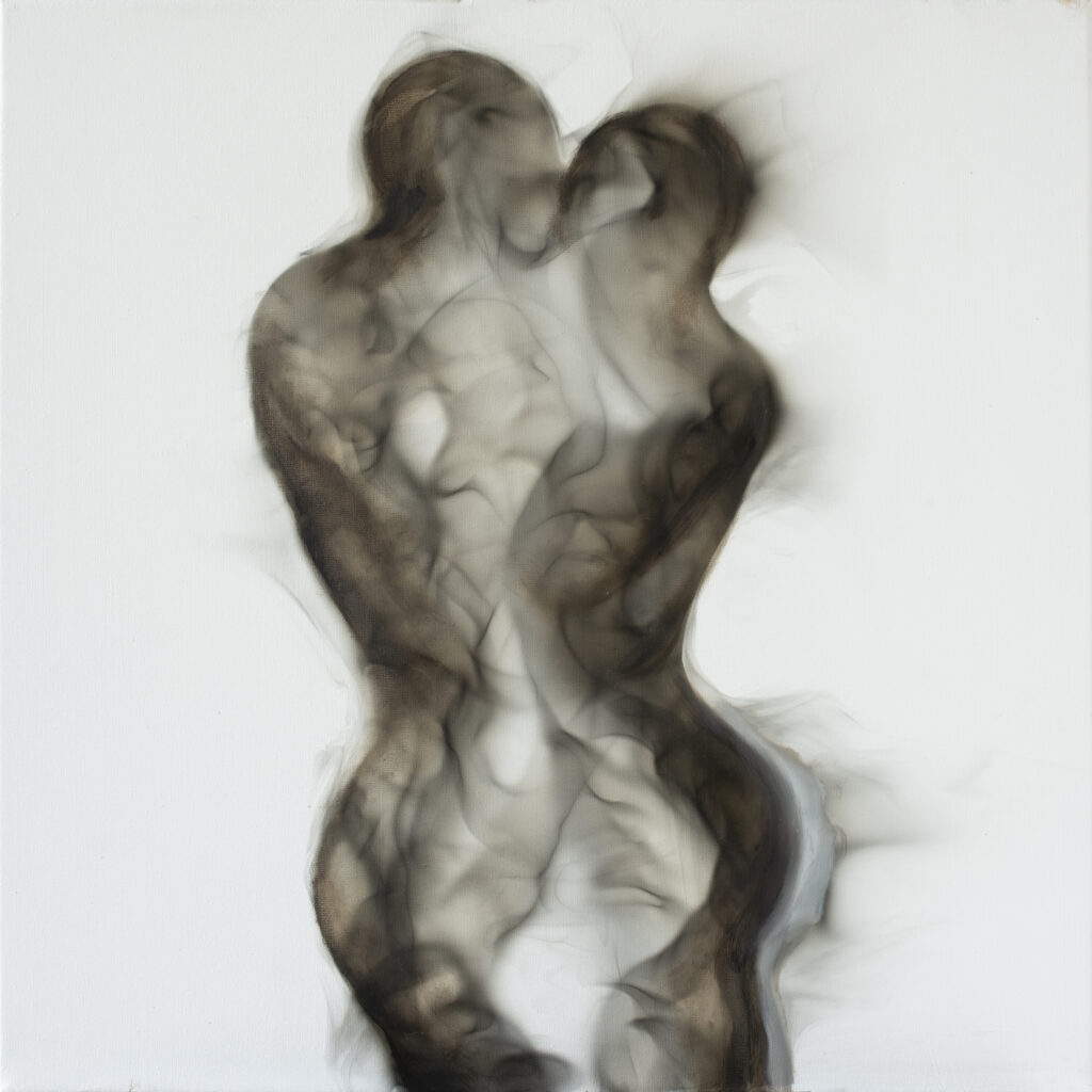 painting of the Abrazo series showing revolutionary art techniques of Miguel Hernández Bastos, featuring two figures holding each other, painted in smoke on canvas.