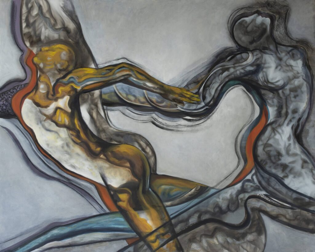 This work features two abstract figures in gold, brown, and cool gray with uplifted arms, dynamic lines suggesting ascending motion. , an original work available at MÍRAME Fine Art.
