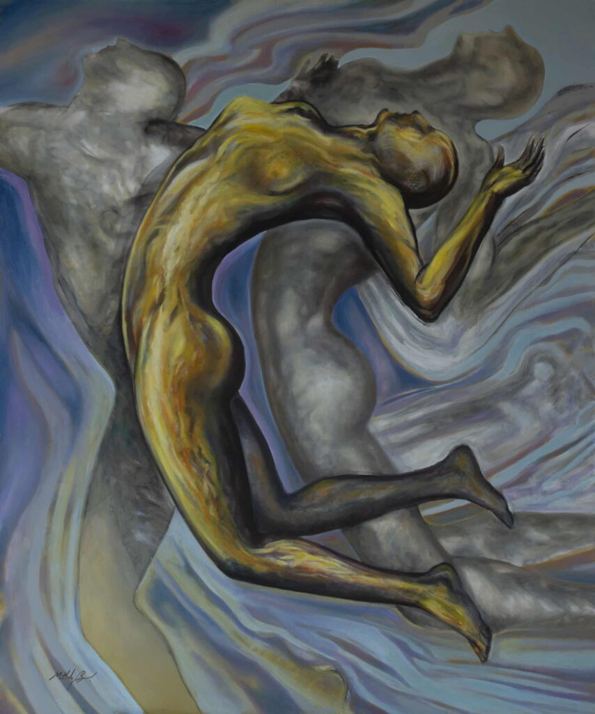 sunset woman painting by Miguel Hernández Bastos, featuring three figures but the central focus is on a woman, arching her back as she floats across the canvas. She is painted with firey orange and yellow tones, and the background is painted with blue and purple tones.