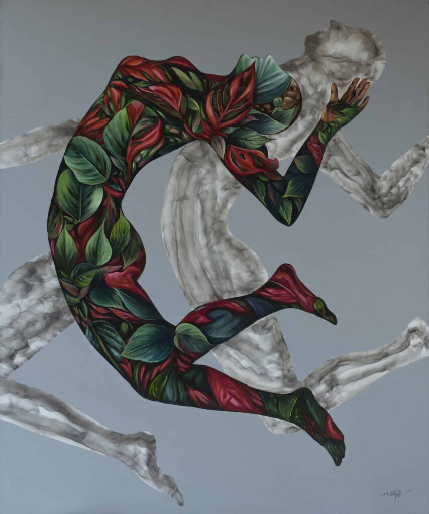 smoke and oil on canvas painting by Miguel Hernández Bastos, featuring two figures floating on the canvas. He has introduced colour layers on top of the smoke on canvas, to create more depth.