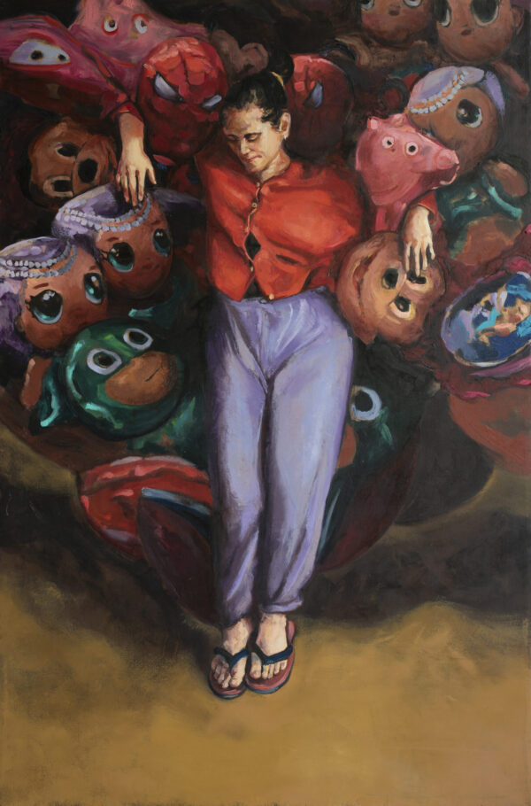 Oil painting of woman holding a bunch of balloons of cartoon characters by Adrián Arguedas contemporary artist.