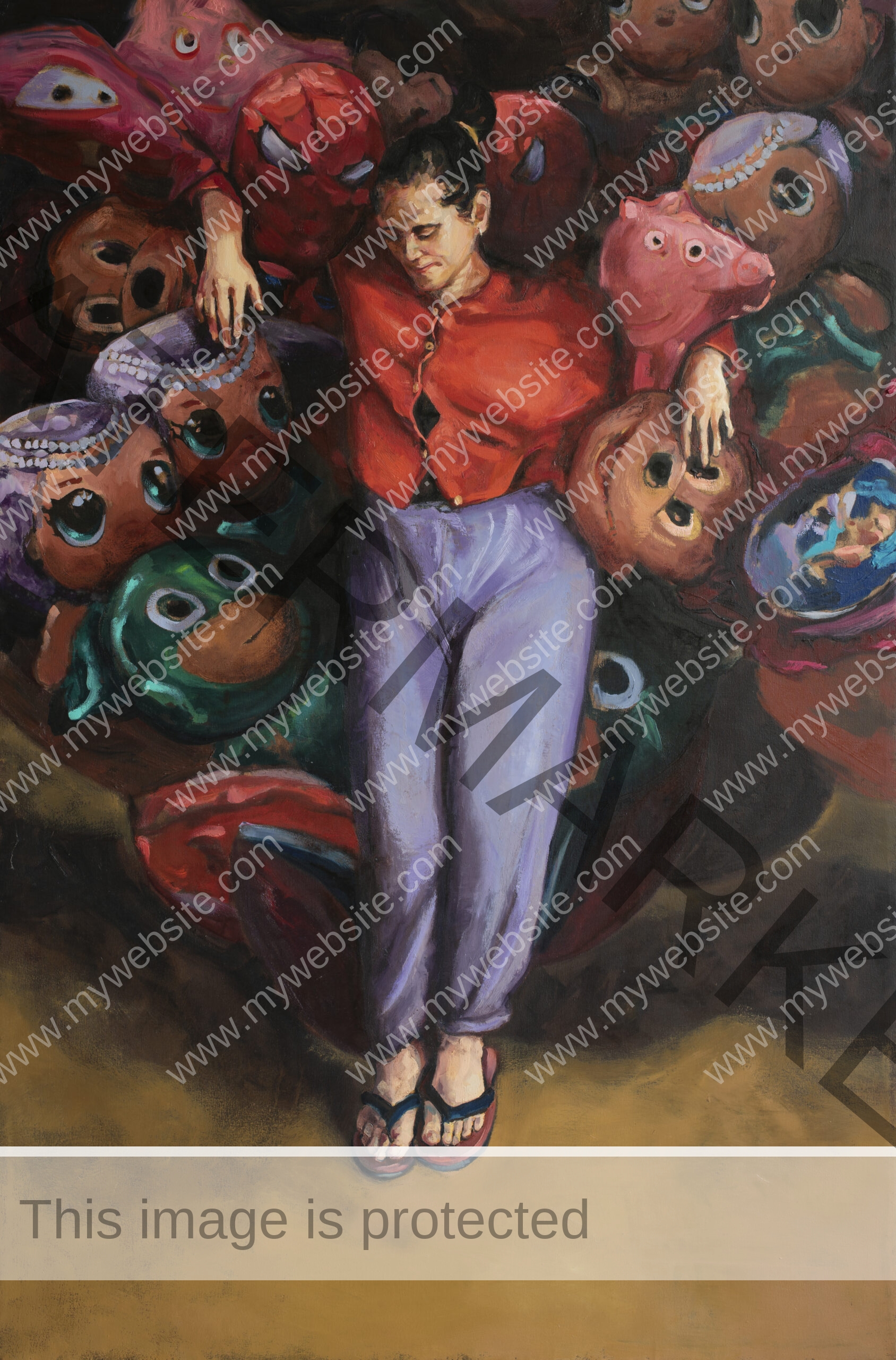 Oil painting of woman holding a bunch of balloons of cartoon characters by Adrián Arguedas contemporary artist.