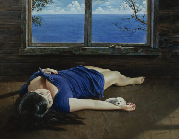 Hyperreal oil painting, of a woman lying down in front of a window with a view of the Costa Rican ocean. Hyperreal figure painting