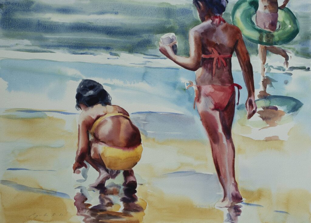 Colourful watercolour of three young girls playing on a beach in their bathing suit. By Adrián Arguedas. Costa Rica Watercolour painting