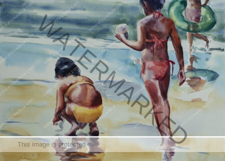 Colourful watercolour of three young girls playing on a beach in their bathing suit. By Adrián Arguedas. Costa Rica Watercolour painting