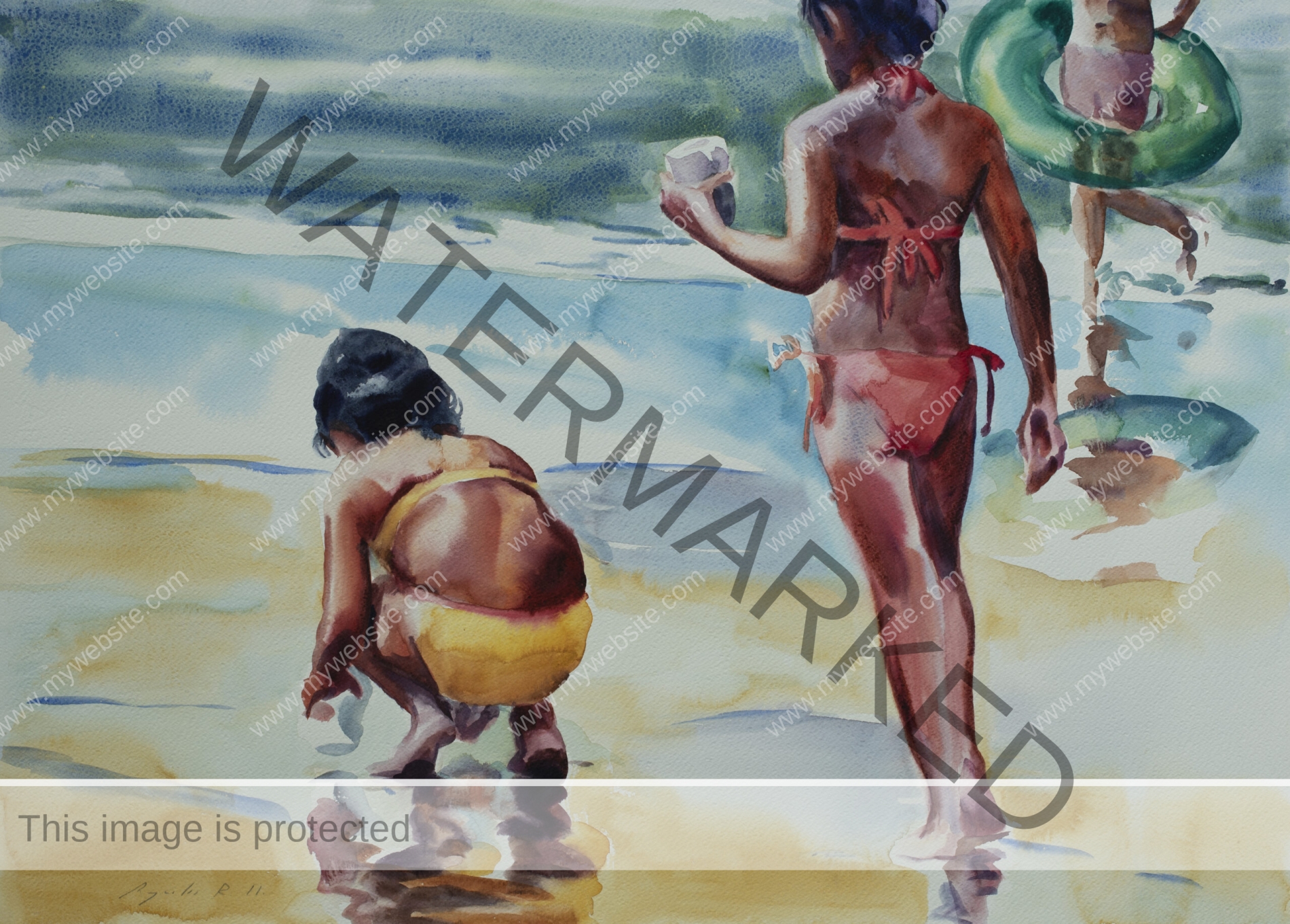 Colourful watercolour of three young girls playing on a beach in their bathing suit. By Adrián Arguedas. Costa Rica Watercolour painting