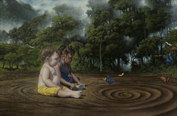 Boy and girl sit in a surreal forrest with butterflies. Costa Rican hyperreal surrealism painting