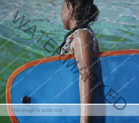 Colourful oil painting of young girl in the water holding a blue body board by Adrián Arguedas. Costa Rica Oil Painting