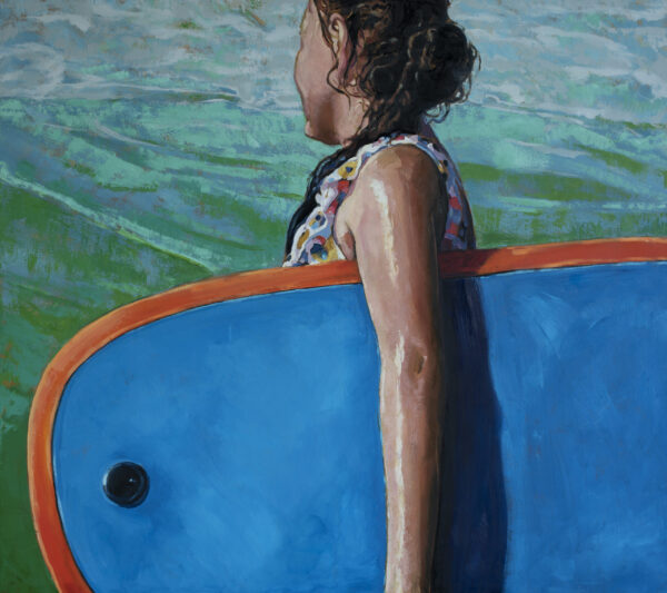 Colourful oil painting of young girl in the water holding a blue body board by Adrián Arguedas. Costa Rica Oil Painting