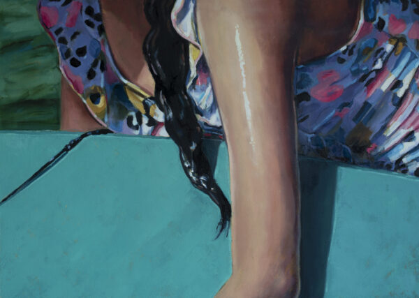 Colourful oil painting close-up of a young girl in a bathing suit holding a surf or body board by Adrián Arguedas