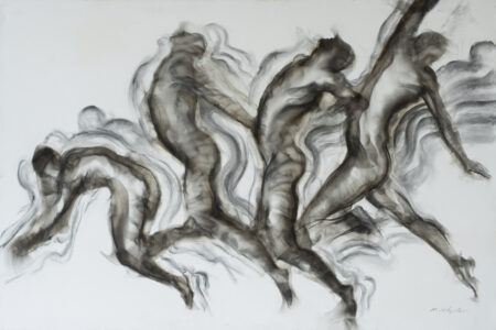 Four figures painted with smoke on canvas dance and fuse across the canvas, evoking the historical symbolism of Renaissance portraiture. By Miguel Hernández Bastos.
