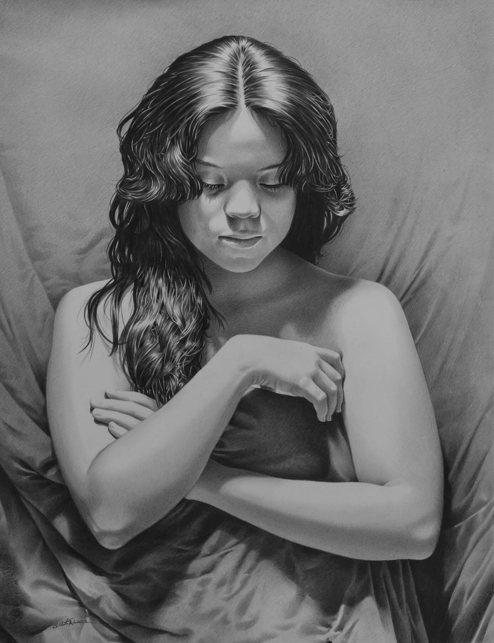 graphite drawing of a Costa Rican girl sleeping in bed with sheets pulled up. intimate graphite drawing
