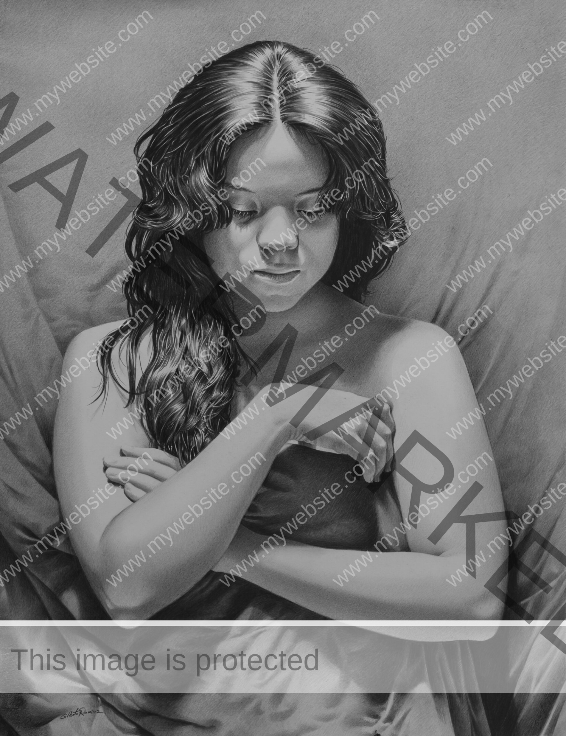 graphite drawing of a Costa Rican girl sleeping in bed with sheets pulled up. intimate graphite drawing