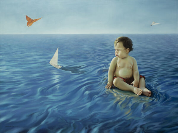 Baby boy sits on the ocean near a white sailboat in a surreal existence. hyperreal surrealism painting. surrealist ocean painting
